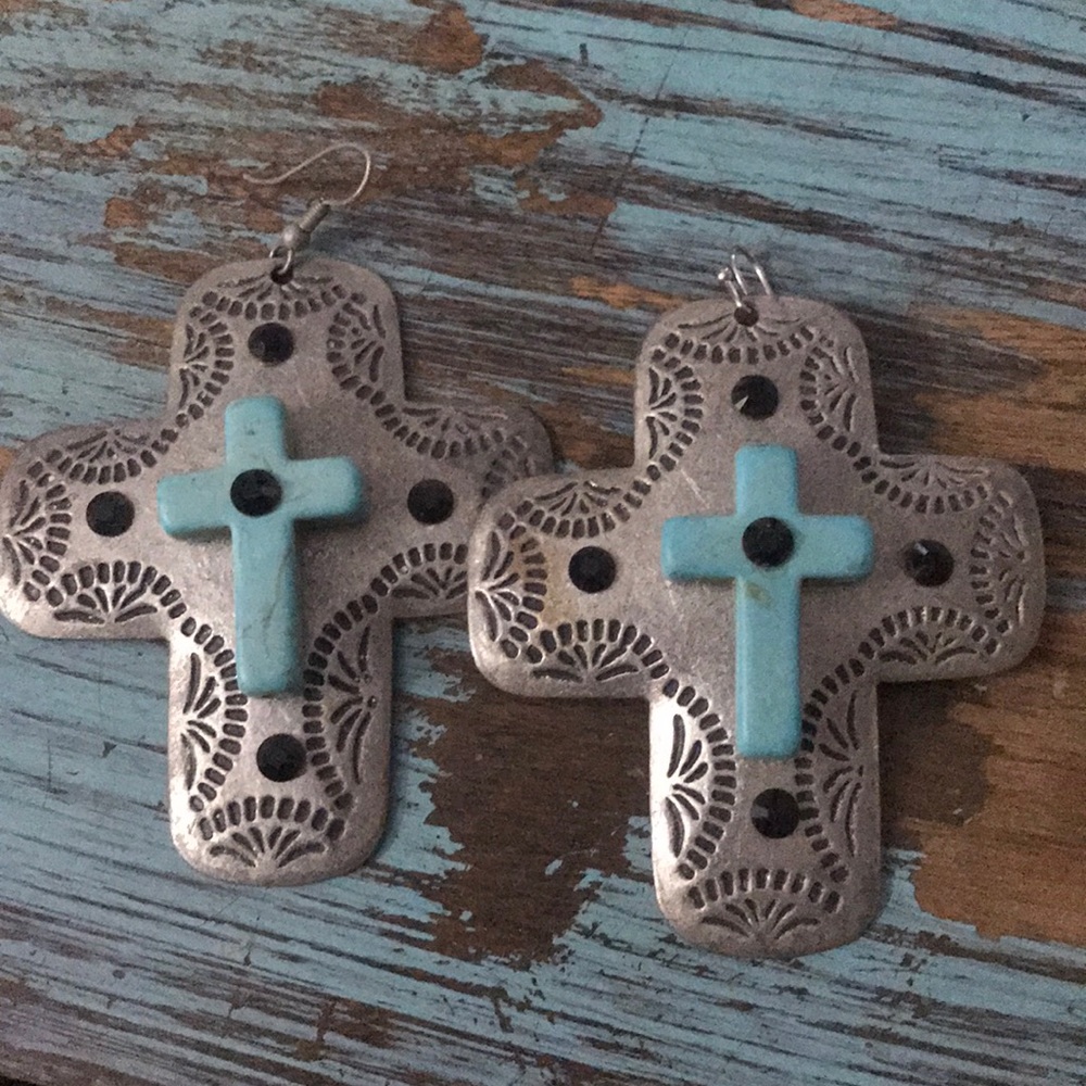 Silver cross earrings with turquoise cross